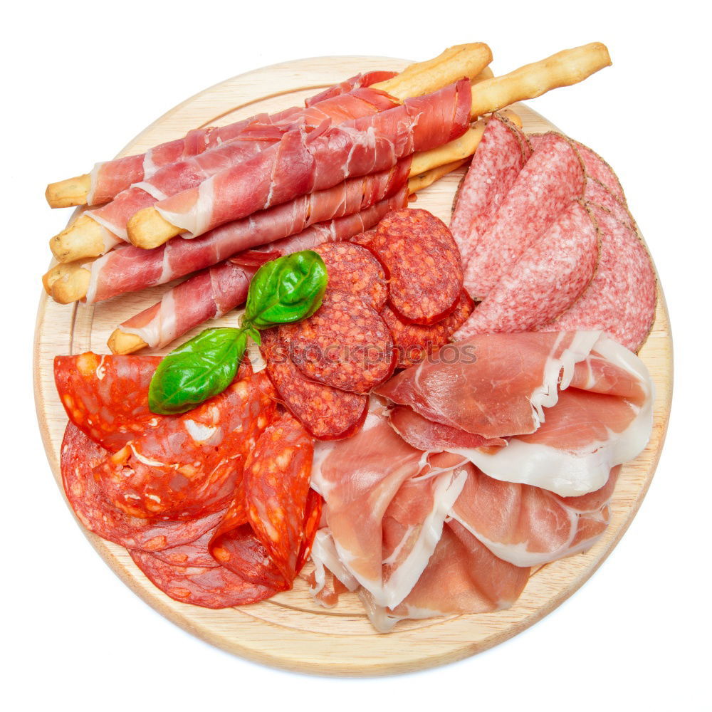 Image, Stock Photo Bruschetta with Italian sausage, ham and pesto