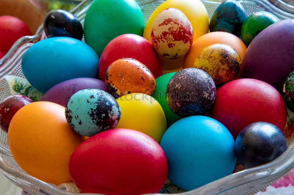 colorful Easter eggs next to natural brown chicken eggs