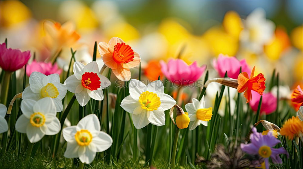 Similar – Image, Stock Photo Spring greeting yellow pink red flowers bouquet of flowers