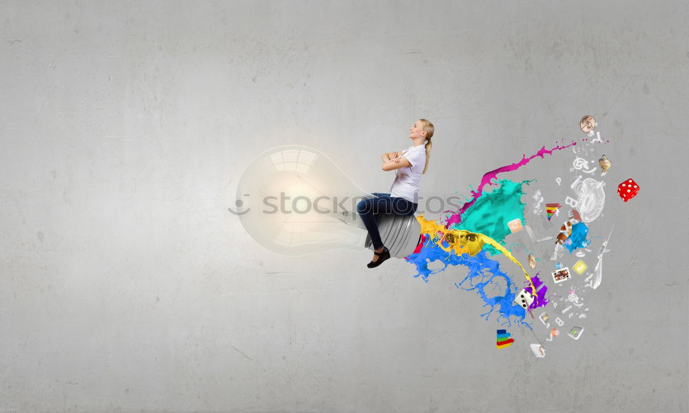 Similar – Woman with jacket jumps barefoot on blue rubber hills