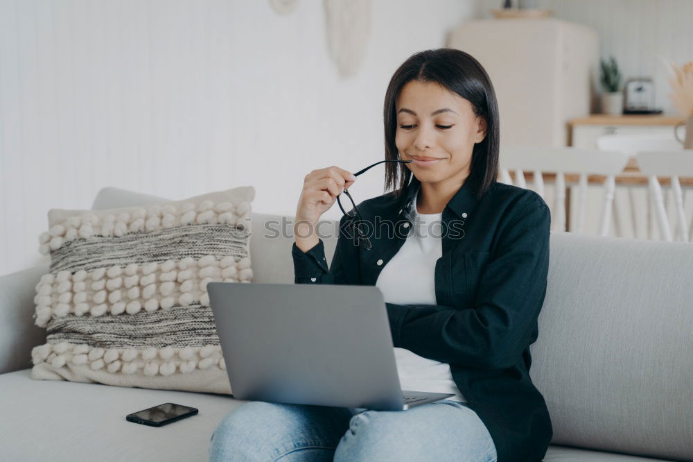 Similar – Image, Stock Photo beautiful black woman on bed with laptop and cup of coffee