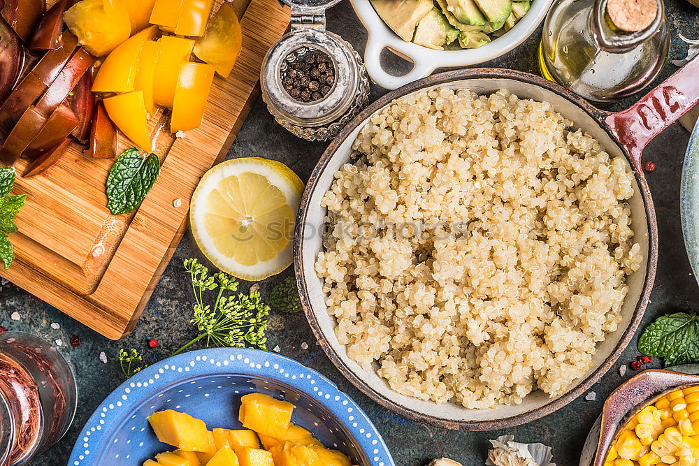 Image, Stock Photo Cooked quinoa in old pot and vegetarian ingredients