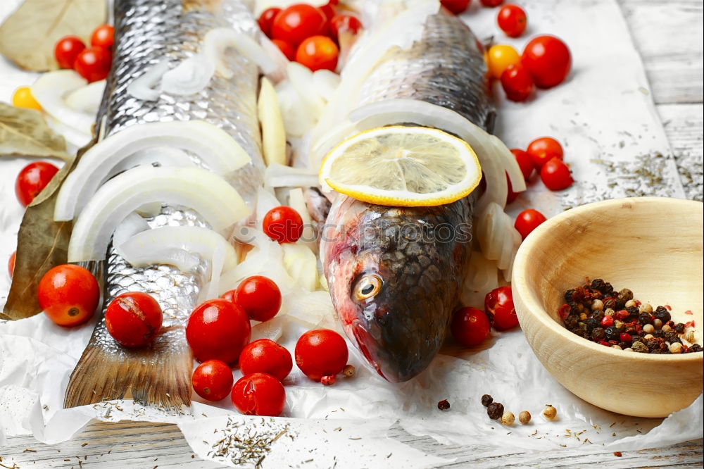 Similar – Image, Stock Photo Raw salmon fish in ice and vegetables