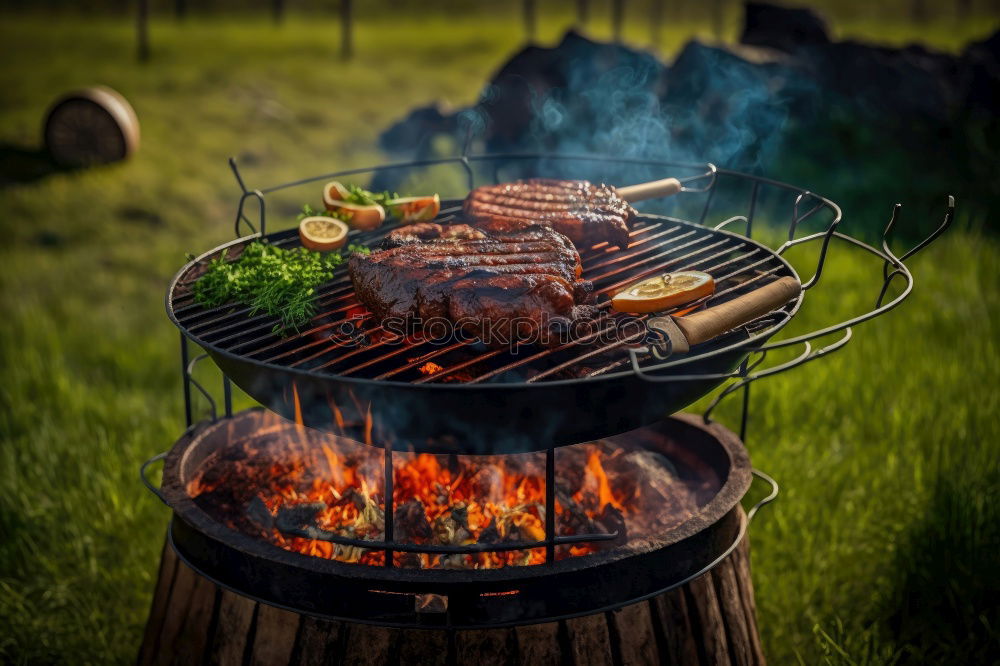 Four entrecôte / rib eye steaks on the grill with high flame