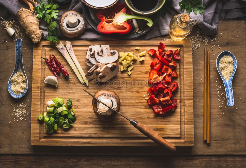 Image, Stock Photo Female hands hold small wok pot with chopped vegetables