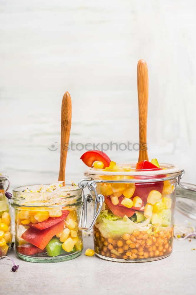 Similar – Salads in jars with vegetables, lentils, corn and sprouts