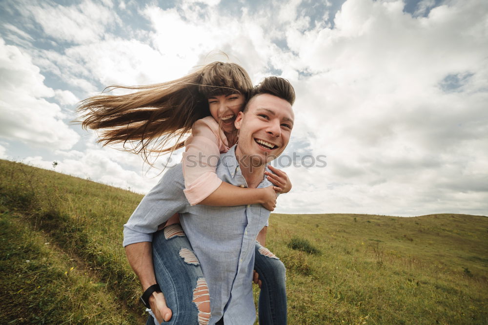 Similar – Image, Stock Photo happy father and daughter walking on summer meadow