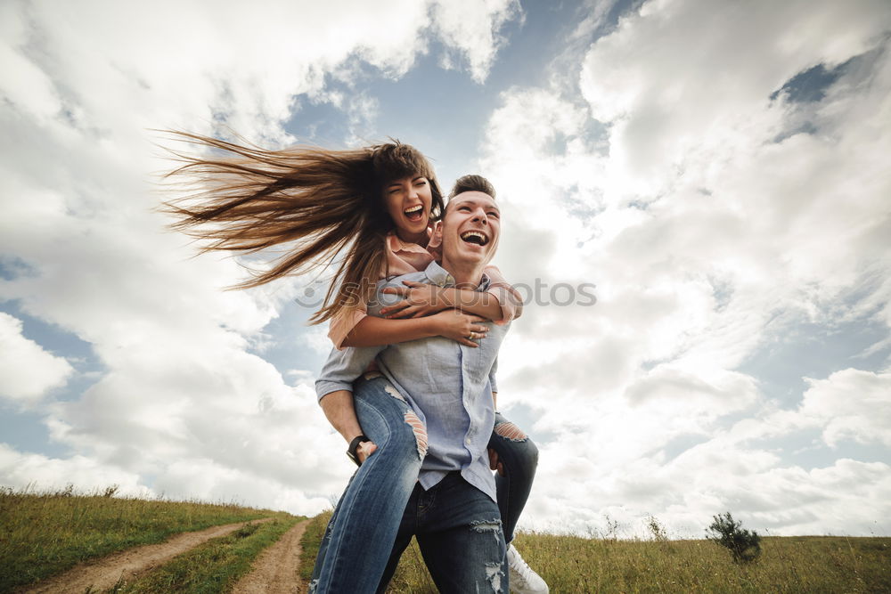 Image, Stock Photo happy father and daughter walking on summer meadow