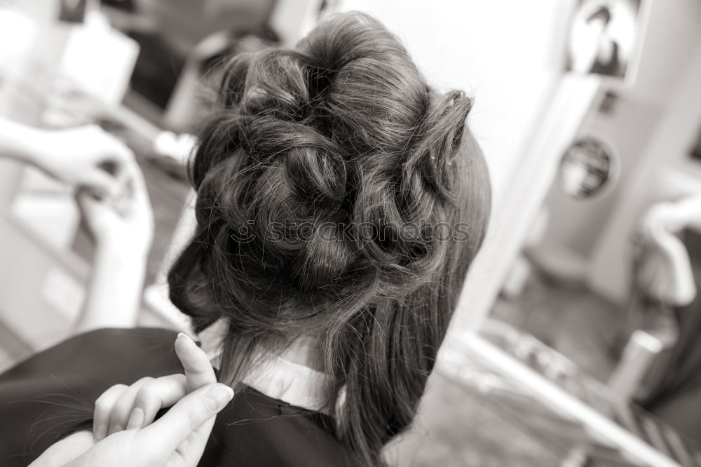 Similar – Image, Stock Photo Back of a woman’s head with braid In front of the picture wall with photos