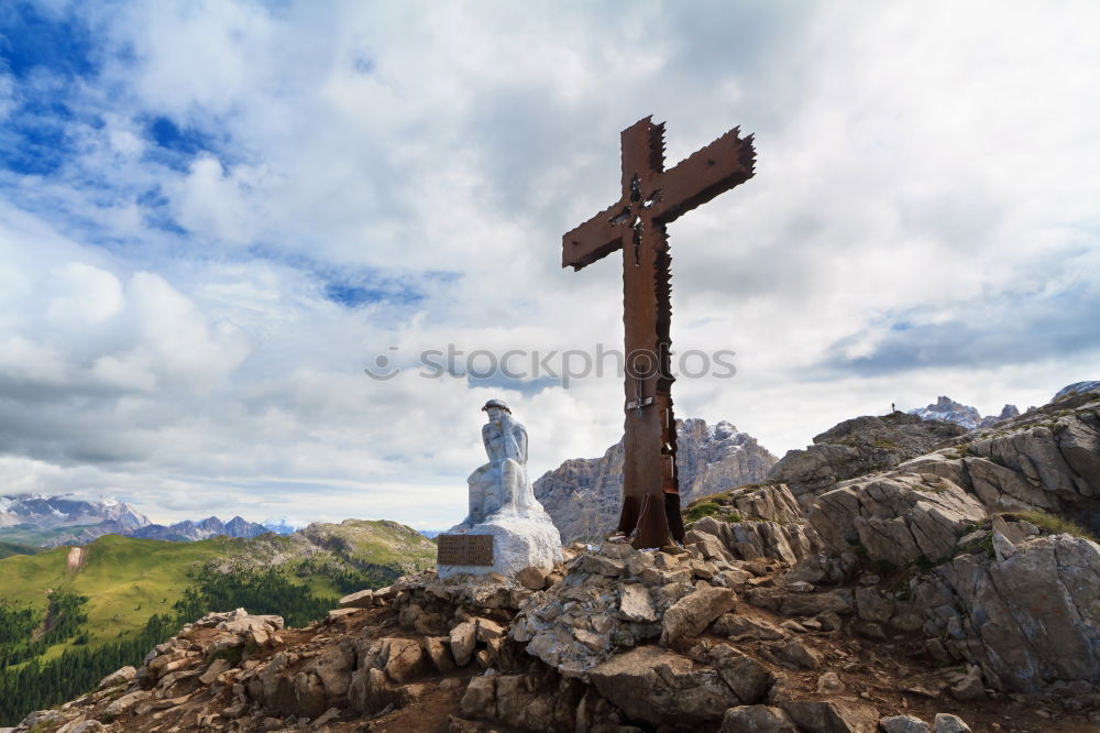 Image, Stock Photo Summit cross, woman with rucksack