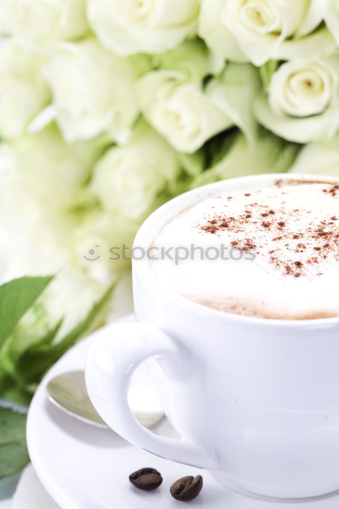 Similar – Image, Stock Photo cup of hot black coffee and a bouquet