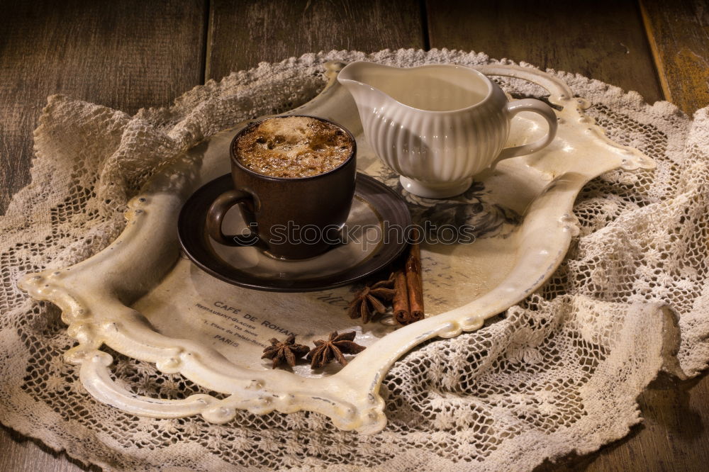 Similar – Cup of coffee on old wooden table with kitchen towel