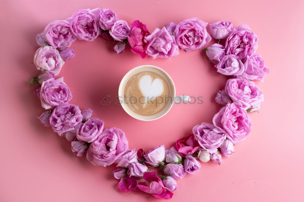 Image, Stock Photo White cup with heart and pink tulips