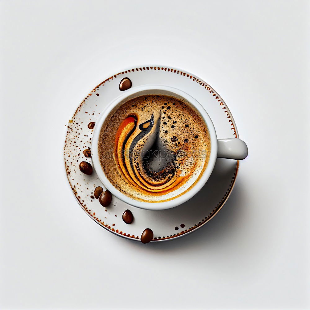 Similar – Image, Stock Photo Overhead view of a cup of black espresso coffee and a freshly baked croissant for breakfast. High angle close up