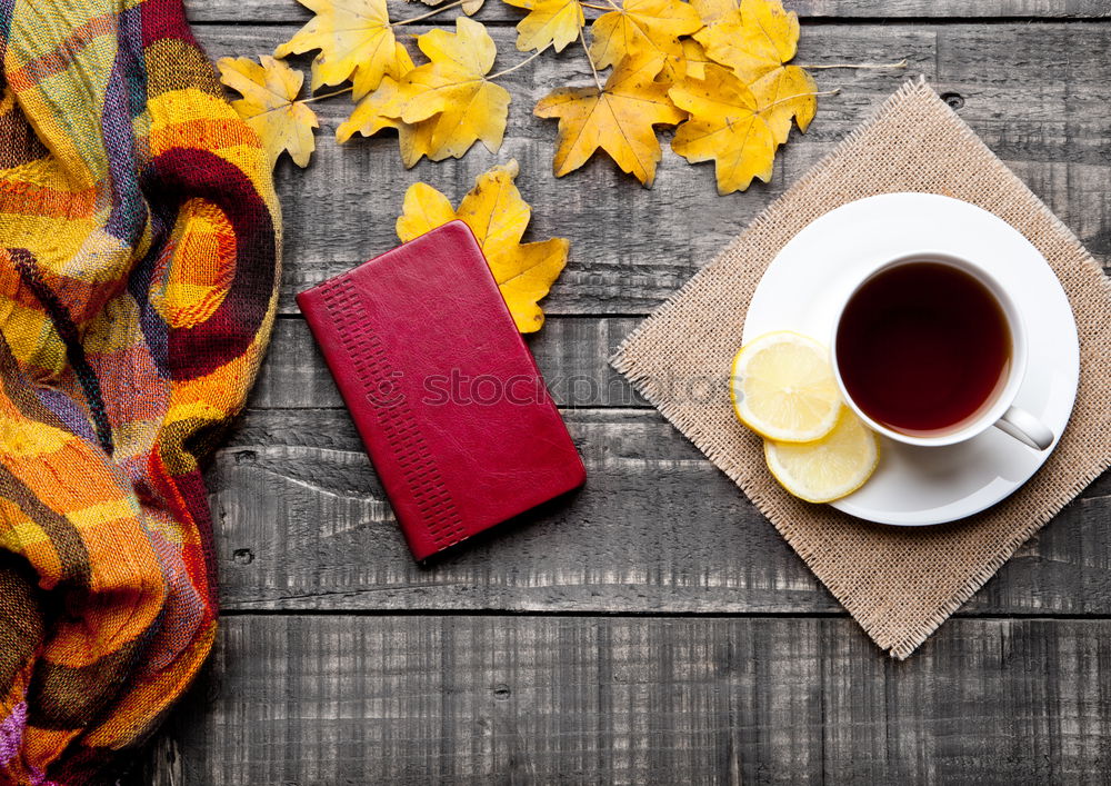 Similar – Image, Stock Photo cup of tea, maple leaves, key with blank label, warm clothes