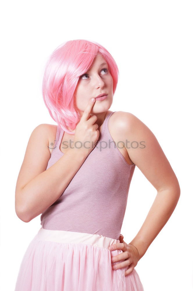 Similar – Young woman with pink hair is holding colorful lollipops