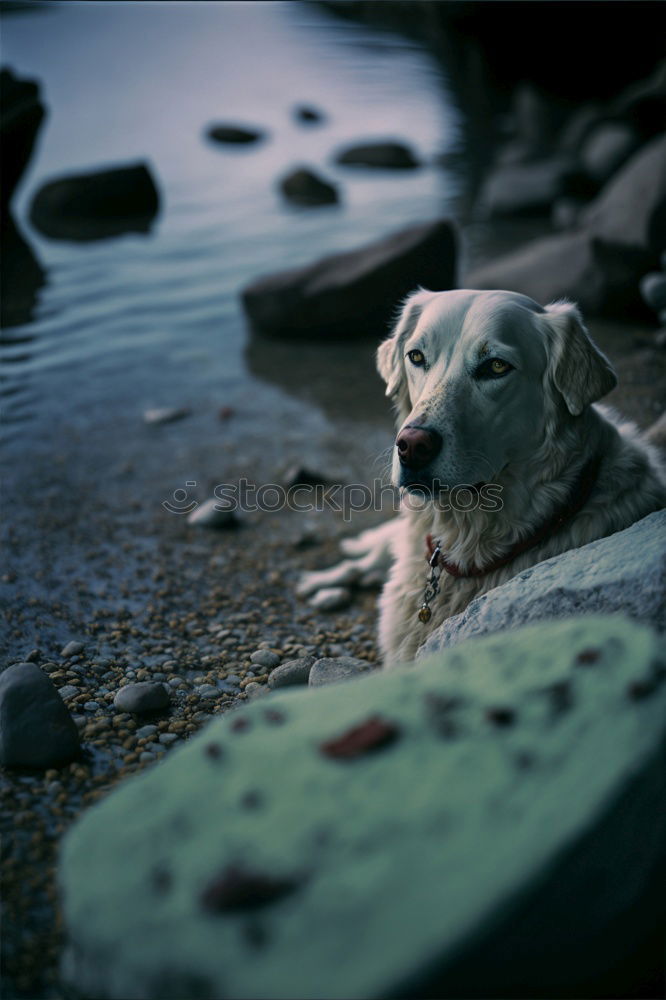 Similar – Dog Dalmatian sits with man master at the lake