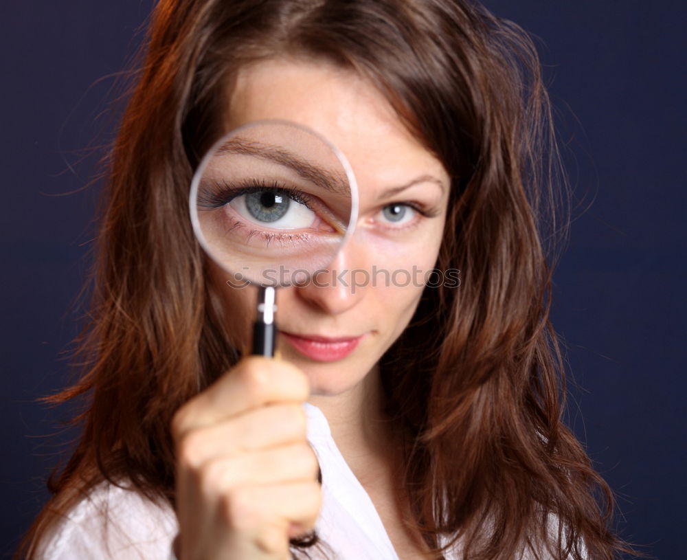 Image, Stock Photo portrait of woman with magnifying glass and many eyes