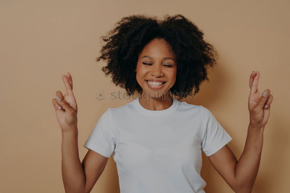 Similar – Image, Stock Photo Happy African woman taking selfie and drinking smoothie