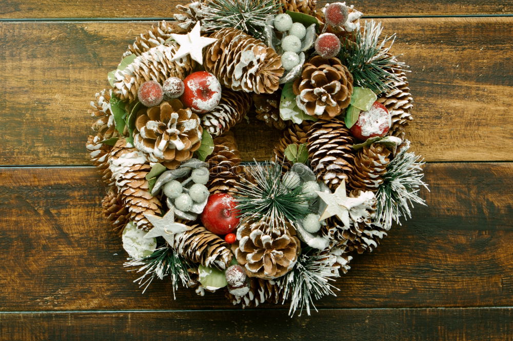 Similar – Delicate Christmas wreath of pine cones on wooden background