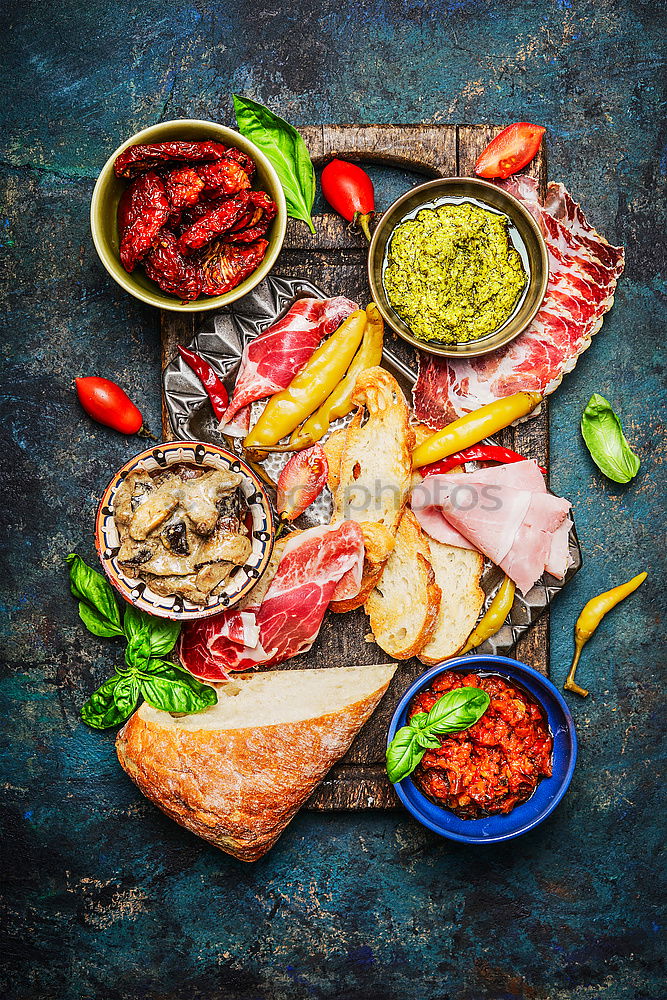 Delicious antipasti ingredients for sandwiches