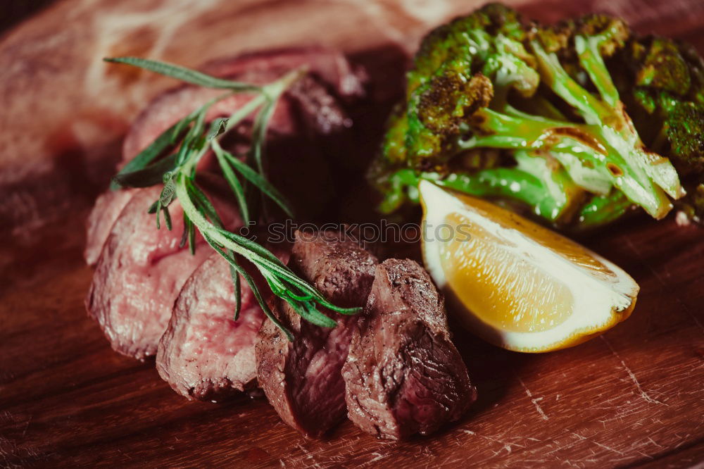 Similar – Image, Stock Photo Medium roasted meat steak and salsa sauce