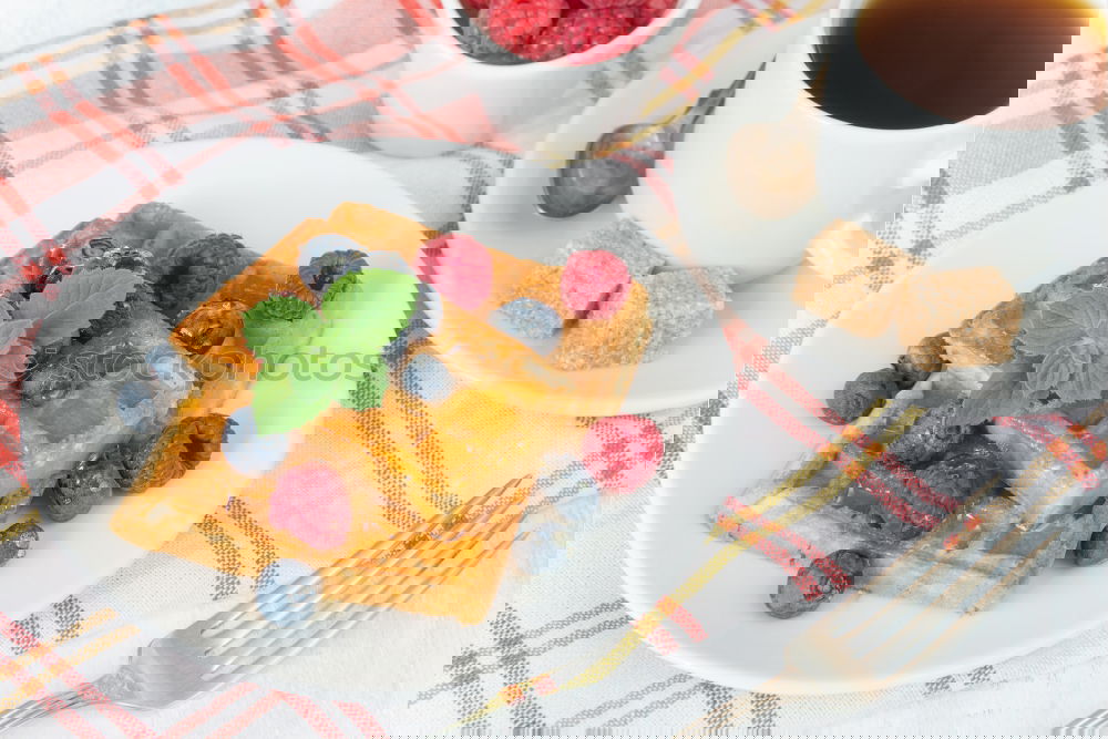 Similar – Image, Stock Photo Breakfast belgian with waffles with ice and fruit