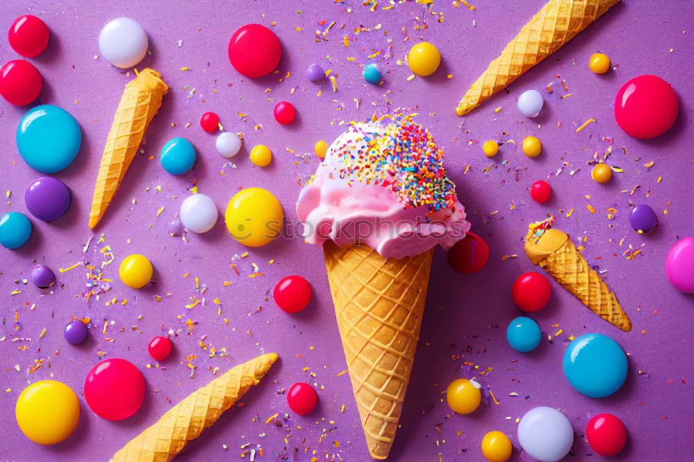 Similar – Image, Stock Photo Ice cream cone with jelly candies on pink background