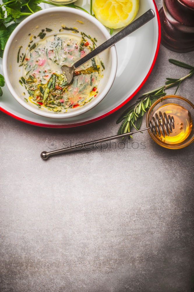 Similar – Image, Stock Photo Asian food concept with homemade dumplings on plates and in steamer, fine shiitake, traditional sauces and crockery. White kitchen cloth on grey concrete background. Top view