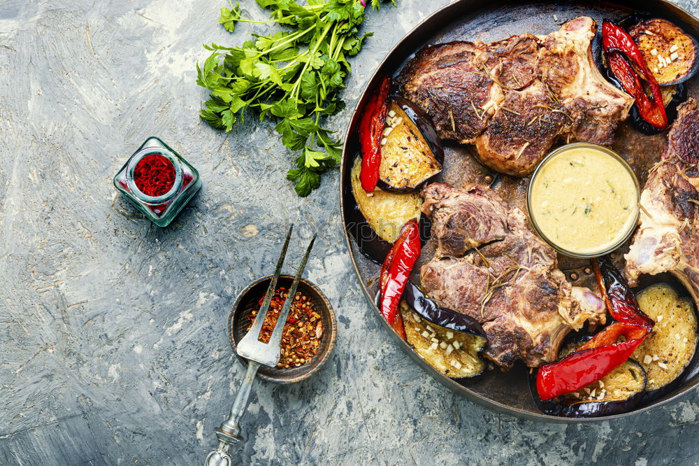 Similar – Image, Stock Photo Roasted pork fillet with crust and baked potatoes