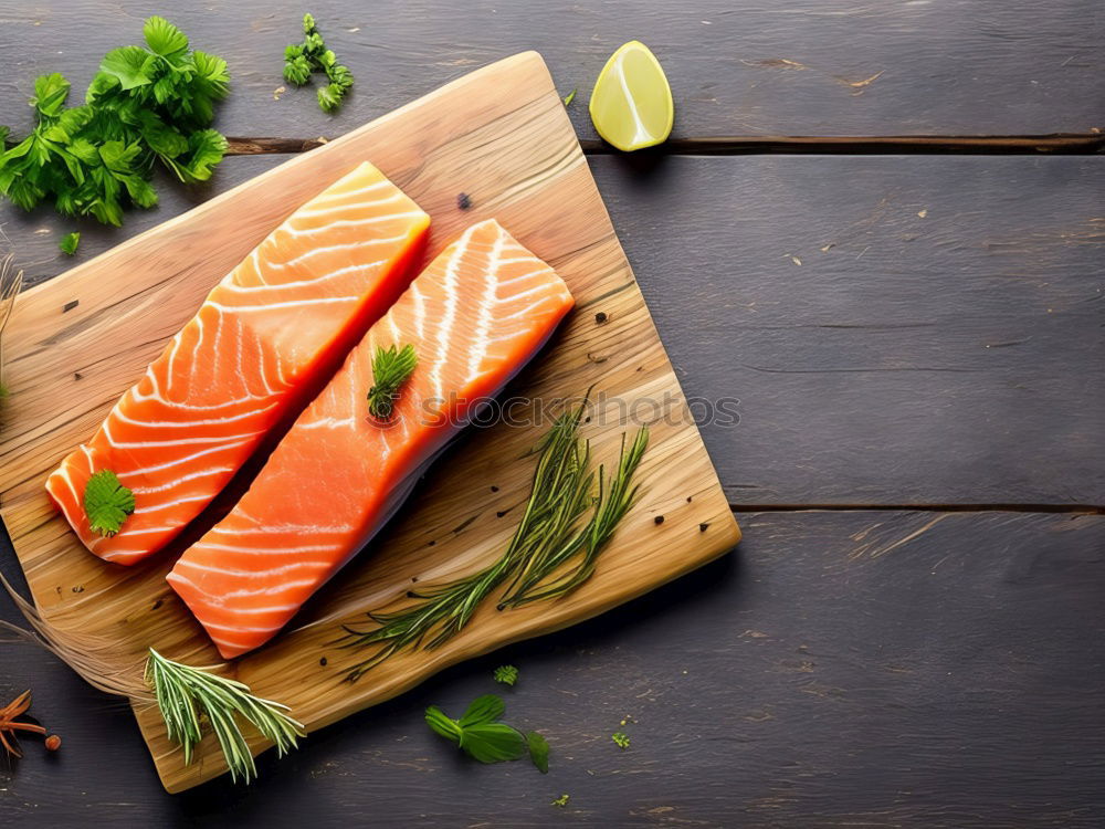 Similar – Image, Stock Photo Salmon fillet on a rustic kitchen table with fresh ingredients