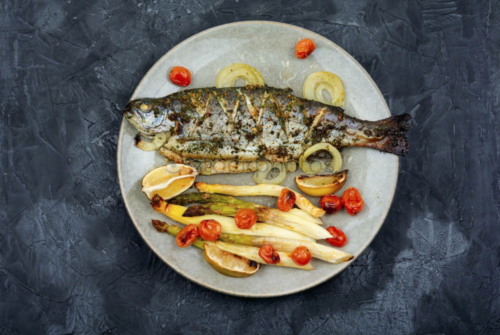 Similar – Image, Stock Photo Roasted salmon and vegetables