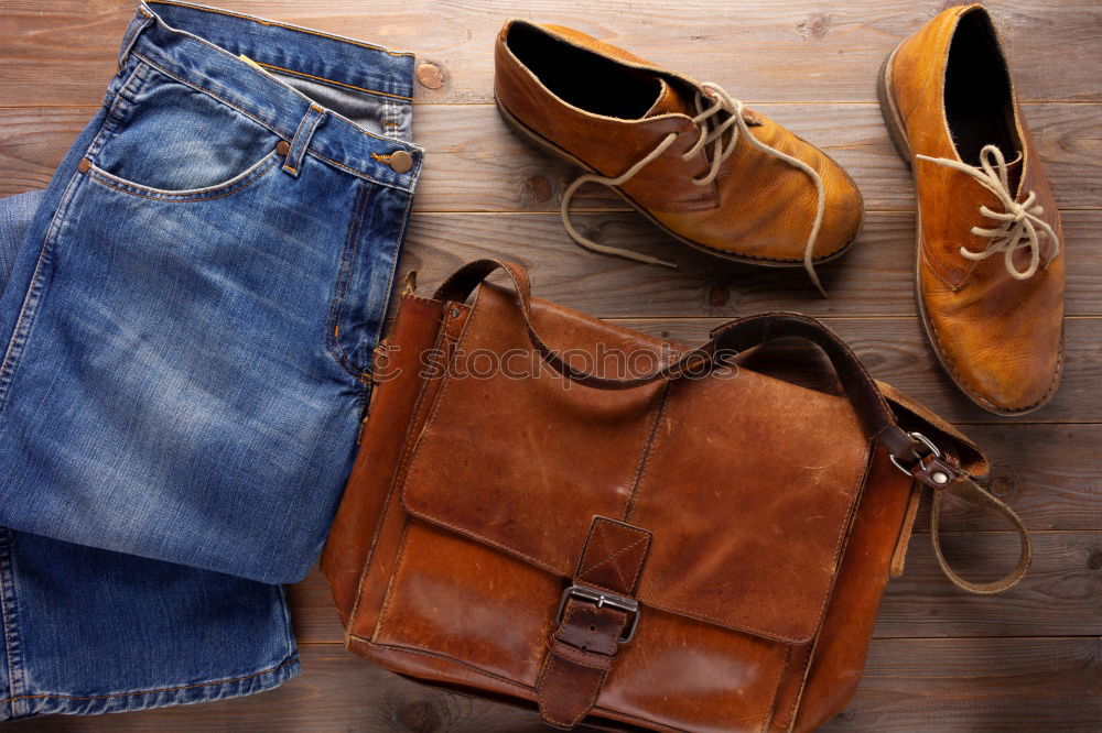 Image, Stock Photo Jeans, belt , shoes and wallet on wooden background