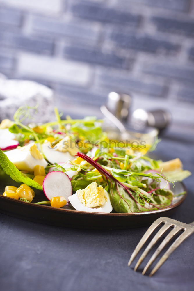 Similar – Healthy green salad with dressing on dark background