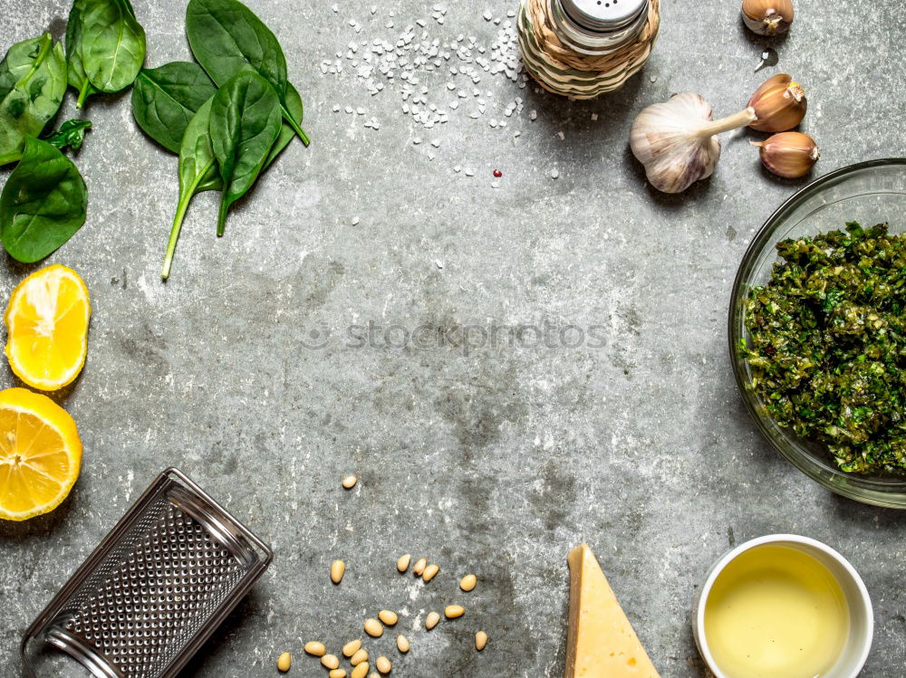 Similar – Green kale pesto in glass on dark rustic kitchen table background with ingredients, top view. Kale preparation. Healthy detox vegetables . Clean eating and dieting concept.