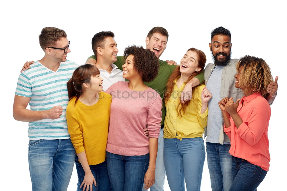 Similar – Group of multi-ethnic young people laughing together outdoors in urban background.