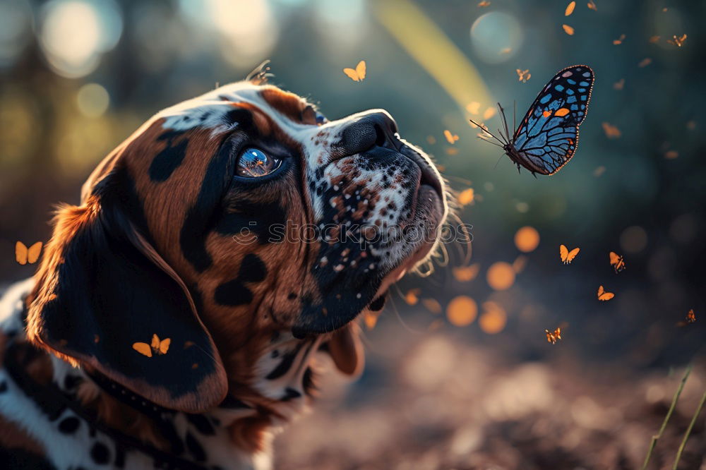 Similar – Image, Stock Photo Funny dog lying on ground between plants