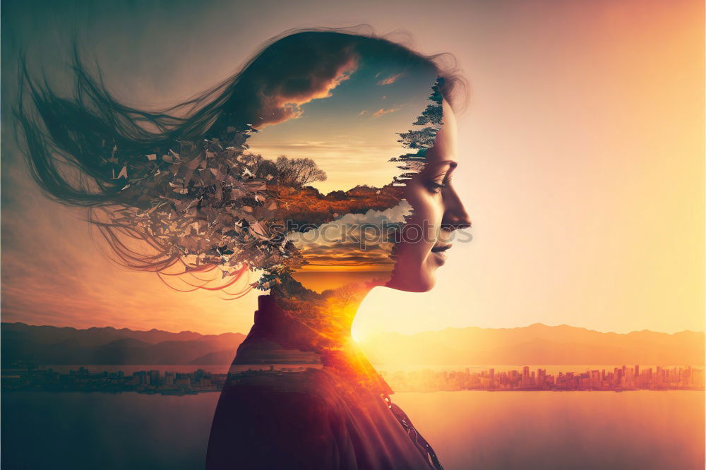 Similar – Image, Stock Photo Windy hair on face. Sunset. golden hour