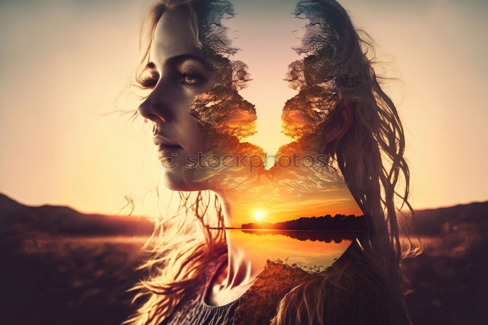 Similar – Image, Stock Photo Windy hair on face. Sunset. golden hour