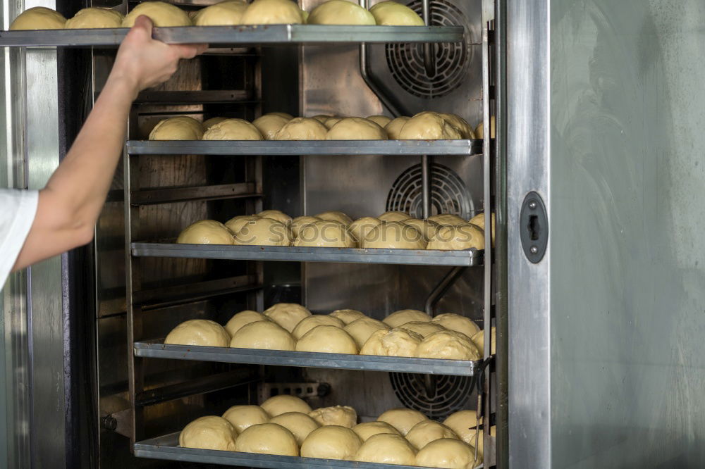 Similar – Fresh loaves of bread on tray racks. Bread bun on bakery shelves