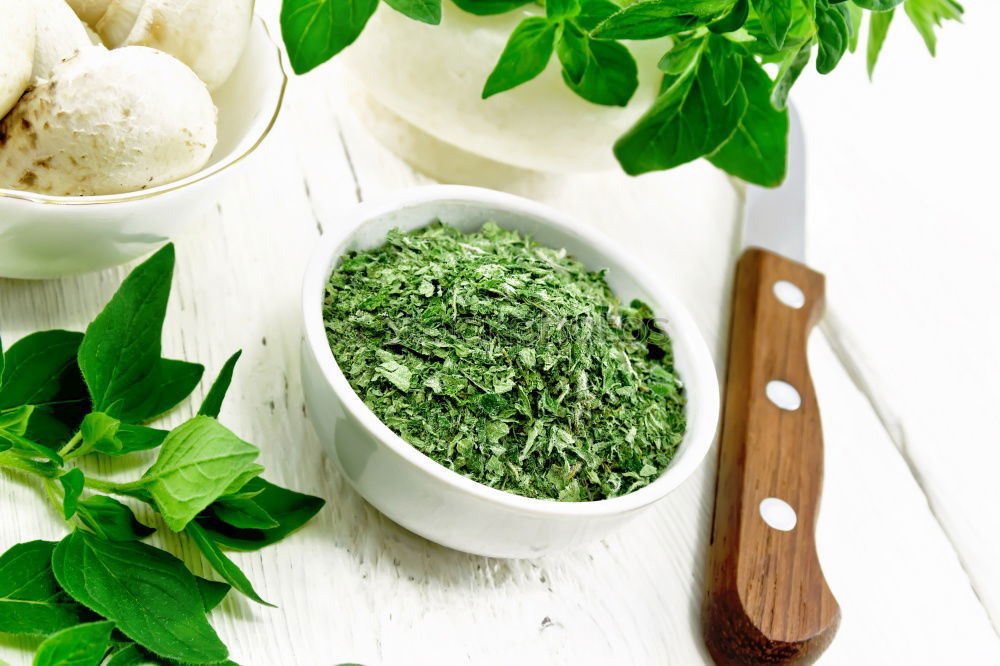 Similar – Image, Stock Photo Green herbs salad with oil in white skin