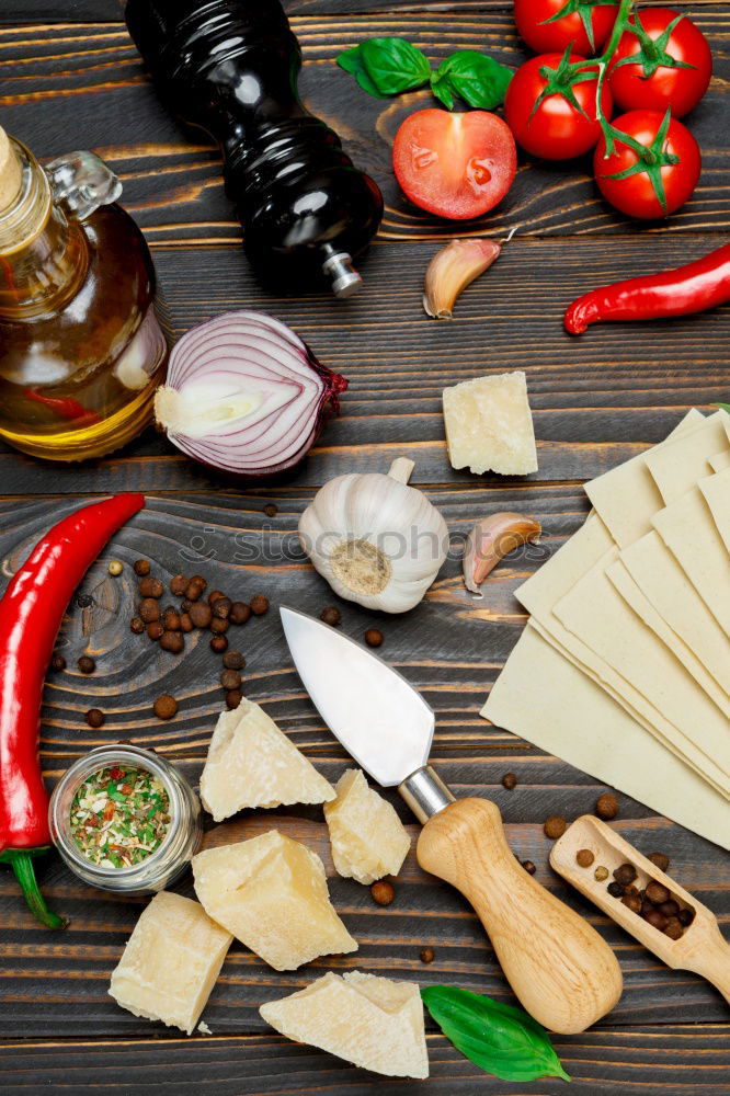 Similar – Image, Stock Photo Italian pasta, vegetables, herbs and olive oil