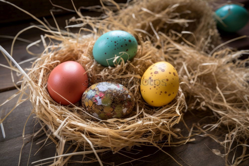 Similar – Image, Stock Photo Easter eggs in a basket on wooden background