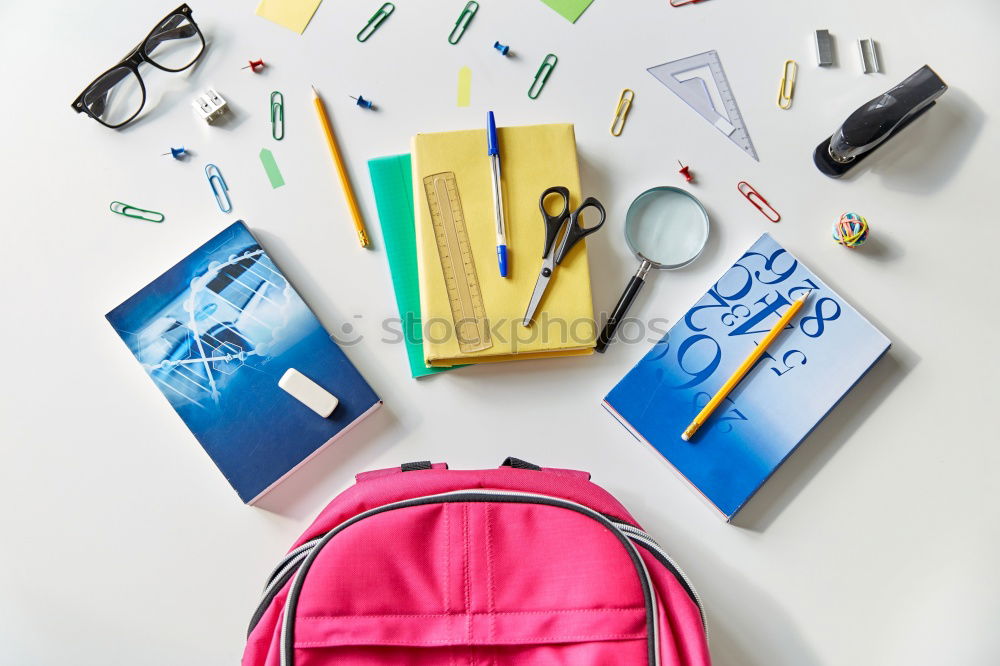 Similar – Image, Stock Photo Backpack, magnifying glass, notepad, scissors