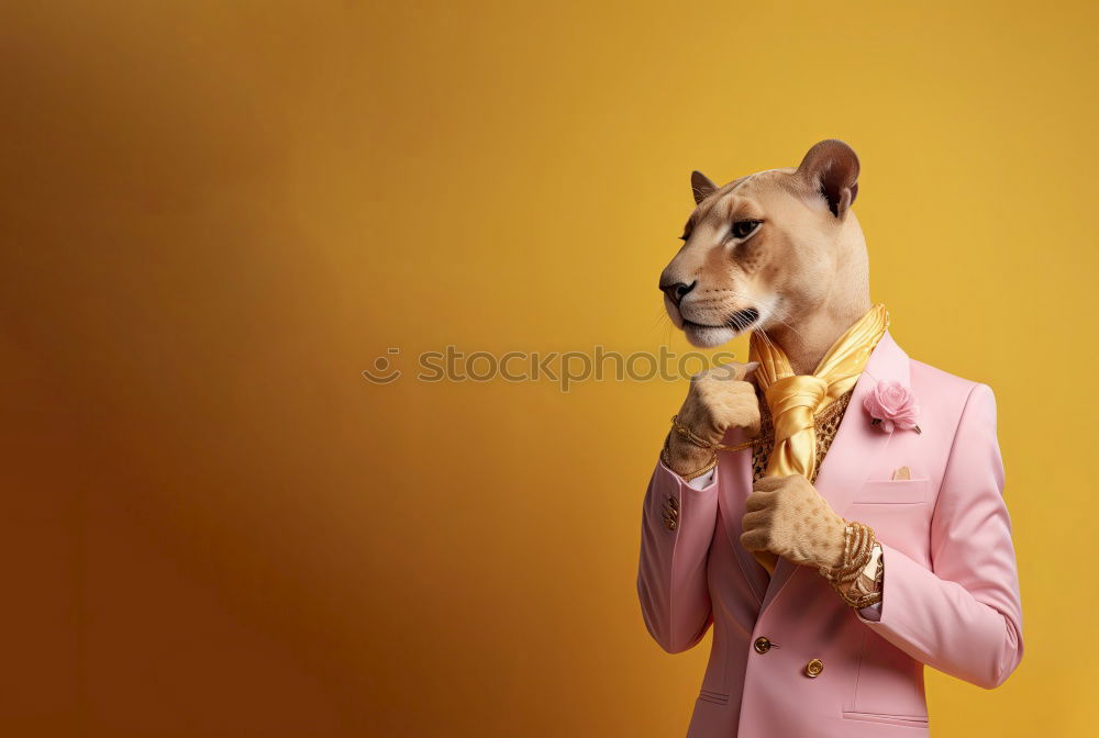 Similar – Woman with monkey mask posing against a yellow background