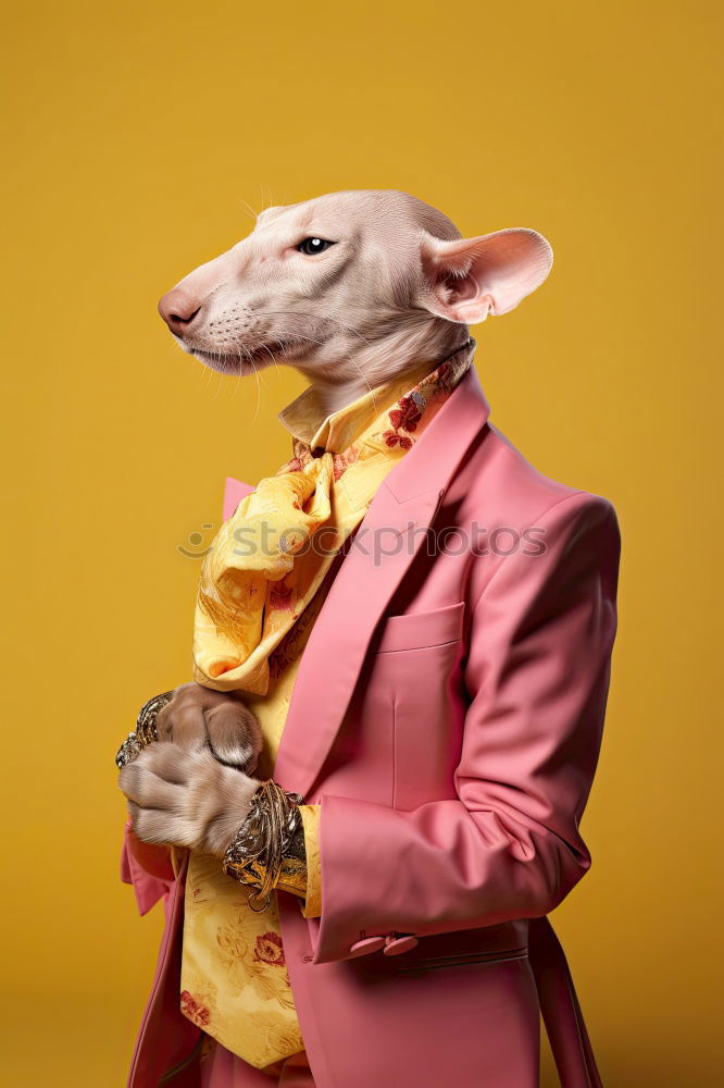 Similar – Woman with monkey mask posing against a yellow background