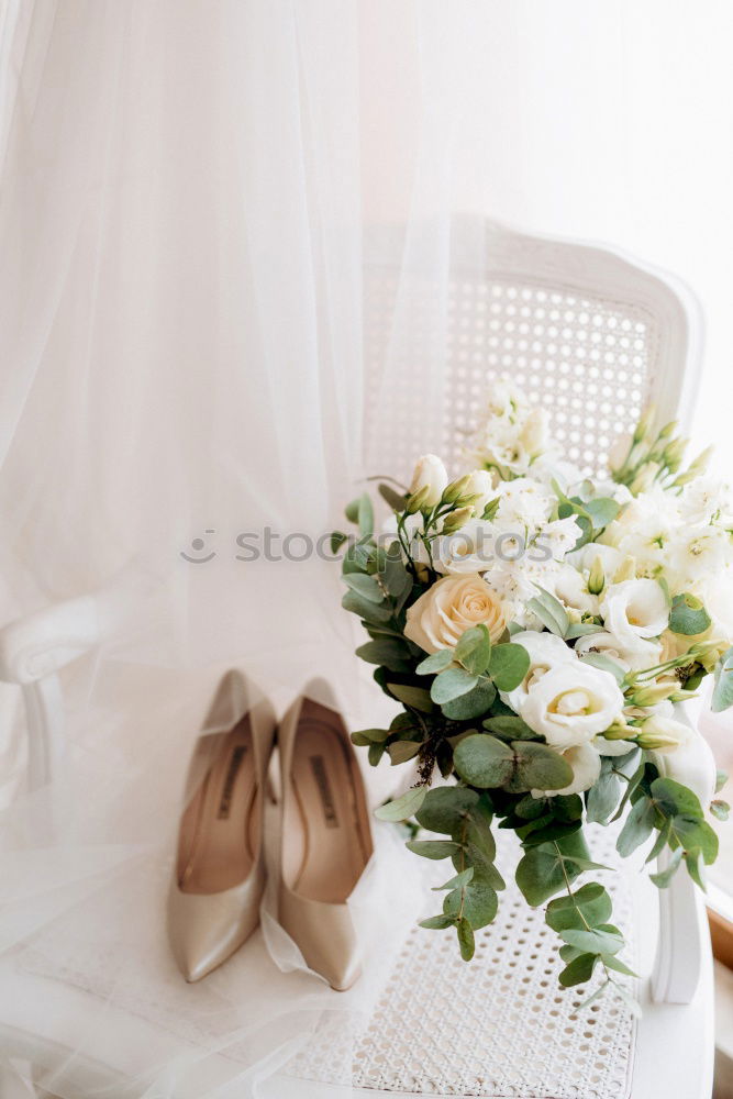 Similar – Low angle view of a pretty wedding bouquet of white flowers lying on a table top with selective focus and copyspace