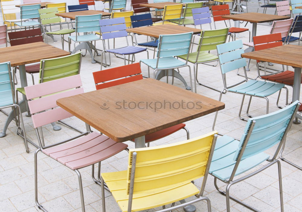 Image, Stock Photo empty deserted street cafe or outdoor restaurant tables with multicolored chairs