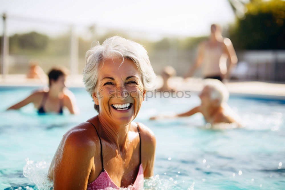 Image, Stock Photo Senior old woman grey hair sitting by the swimming pool