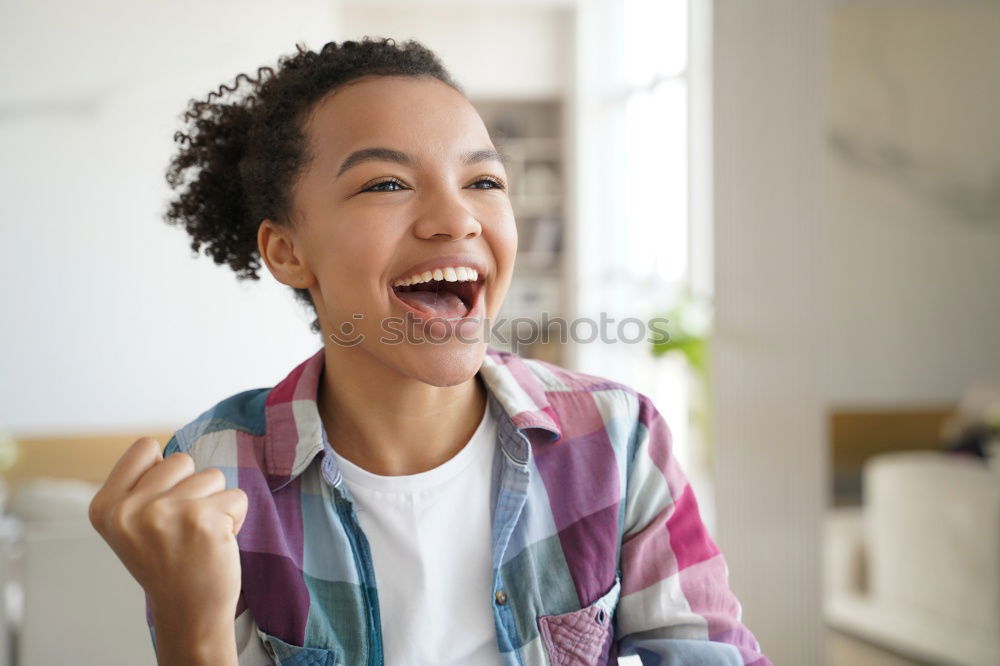 Similar – Image, Stock Photo Happy African woman taking selfie and drinking smoothie